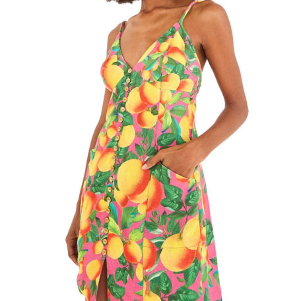 Linen Mini Dress Sleeveless Fruit Tropical Print